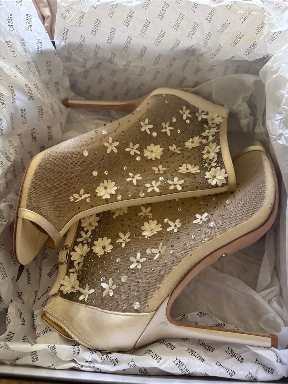 Badgley Mischka gorgeous open toe floral/ crystal  embellished booties